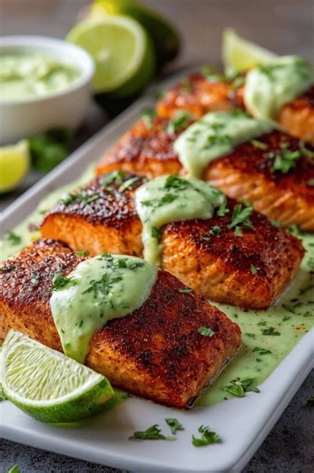 🔥 **Spicy Salmon with Creamy Cilantro Lime Sauce** Perfectly seasoned salmon with a smoky-spicy crust, topped with a refreshing, tangy cilantro-lime cream. A flavor explosion and a restaurant-level dish! 🤤🔥✨ **Ingredients (Salmon):** • 4 salmon fillets • 1 tbsp olive oil • 1 tsp paprika • 1 tsp chili powder • ½ tsp garlic powder • Salt & pepper • Lime wedges (for serving) **Creamy Cilantro Lime Sauce:** • ½ cup Greek yogurt or sour cream • 1 tbsp mayonnaise (optional for extra creaminess) • J