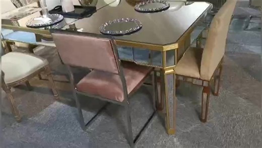 Modern Silver Mirrored Dining Table Crushed Diamond Insert 4 Legs Dining Room Furniture
