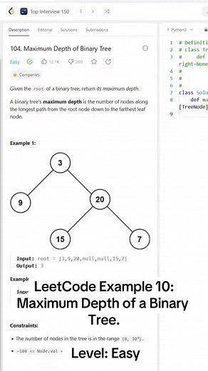 LeetCode example in Python! For this example, we are asked to find the depth of a binary tree from the root to the lowest leaf node. This is easily done using a depth-first search algorithm in a recursive function. #leetcode #python #leetcodechallenge #programming #code #coding #softwareengineer #binarytree #datastructure #depthfirstsearch #algorithm #recursion #fyp #forypu #foryoupage
