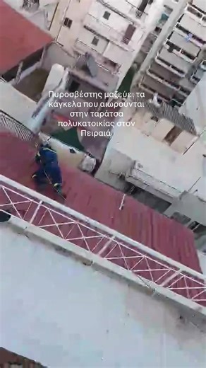 10 Ιανουαρίου Πειραιάς Ισχυροί άνεμοι προκάλεσαν την αποκόλληση μεταλλικής σιδεριάς από πολυκατοικία, η οποία δεν κατέπεσε αλλά έμεινε μετέωρη (αιωρούμενη), δημιουργώντας άμεσο κίνδυνο πτώσης- πυροσβέστης μαζεύει τη σιδεριά που αποκολλήθηκε από την ταράτσα #παρατηρητήριοπειραικης #Πειραιάς #χατζηκυριακειο