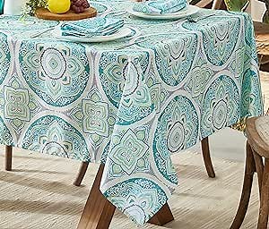 Newbridge Square Fabric Tablecloth, Santorini Mosaic Glass, 52 x 52 Inch, Indoor Outdoor Stain and Water Resistant Heavy Weight Dining Table Cover, Mediterranean Blue and Green