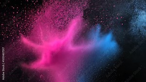 Pink and blue powder explodes against a black background, creating a vibrant and dynamic scene