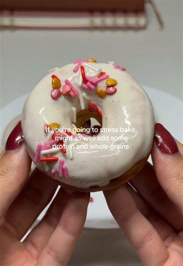 Or don’t, that’s fine too. PROTEIN DONUTS! 90 cals | 10g protein Recipe: Makes 4 - 1 egg white - 1/3 cup greek yogurt - 1/4 cup milk - 1 tsp vanilla extract - 1/3 cup oat flour (blended oatmeal) - 1 serving vanilla protein powder (2 scoops)* - 1/2 tsp baking powder - 1 tbsp coconut sugar “Frosting”: - 1/4 cup greek yogurt - 1 scoop vanilla protein* - 2 tbsp milk *I prefer to bake with vegan protein powder because I like the texture better than with whey. Preheat oven to 350F. In a medium bowl, a