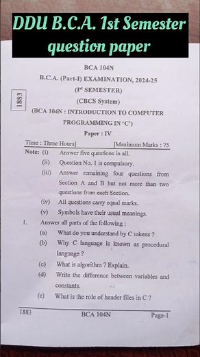 #DDU B.C.A. 1st Semester previous question papers #BCA Introduction to computer programming in 'C'