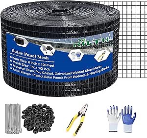6in X 100ft Critter Guard for Solar Panels, 1/2inch PVC Coated Solar Panel Guard, Critter Guard Roll Kit for Solar Panel Wire Mesh, Black Pigeon Barrier with 120pcs Fasteners, Cutting Scissor, Gloves