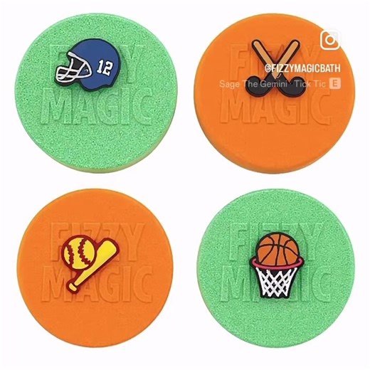 Bath time just got sporty 🏀⚾️🏈 Introducing our 4 Puck Fizzies-Sports Edition that fizz to reveal a sports-themed charm (Jibbitz) you can wear on your shoes or the FREE bracelet included with every purchase. Each fizzy is designed with a fun clue printed on the back of the fizzy so kids can guess what surprise is hiding inside! Perfect for athletes, sports lovers, party favors, and gift giving!