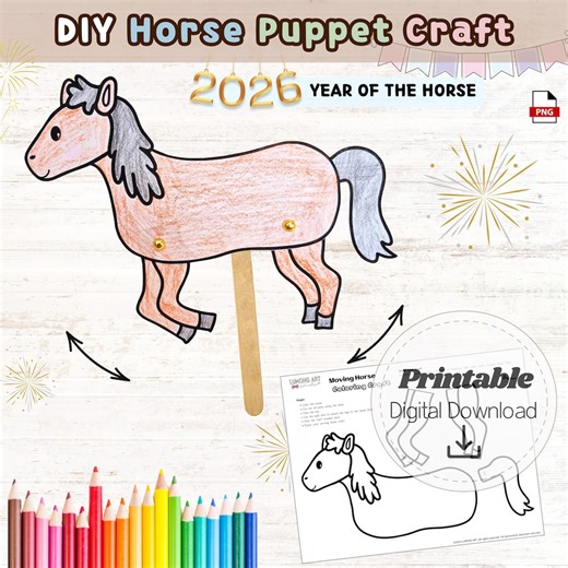 Horse Puppet Paper Craft Printable, 2026 Year of the Horse Split Pin Moving Horse Craft, Lunar New Year – Farm Birthday Activity - Etsy UK