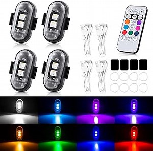 4 Pcs Wireless LED Strobe Lights with Remote Control, USB Rechargeable Flashing Lights, High Brightness 7 Colors Anti-Collision Lights for Drone Car Motorcycle Bike RC