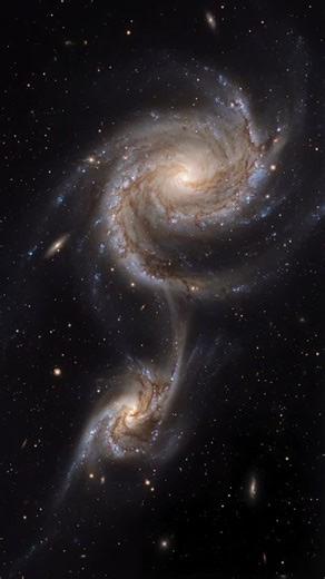Oksana Korda | Astro Art & Science on Instagram: "INTERACTING GALAXIES 🌀 When two spiral galaxies pass close enough, gravity reshapes them on cosmic timescales. Tidal forces stretch stars, gas, and dust into bridges and tails, while compressing interstellar clouds and triggering bursts of star formation along distorted spiral arms. As angular momentum is redistributed, gas flows inward toward galactic centers, feeding central star formation and, in some cases, active nuclei. Over hundreds of mi