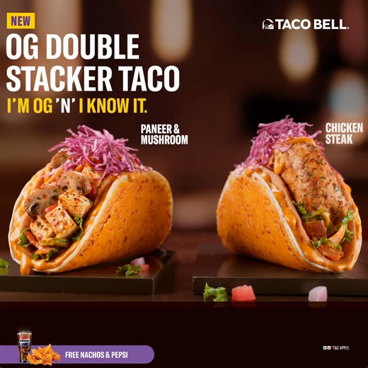 The OG Double Stacker Taco is here to take over—Double stacked Shell, Grilled Cheese, Ghost Pepper Heat, and loaded with Paneer & Mushroom / Chicken Steak FREE Nachos & Pepsi. | Taco Bell India