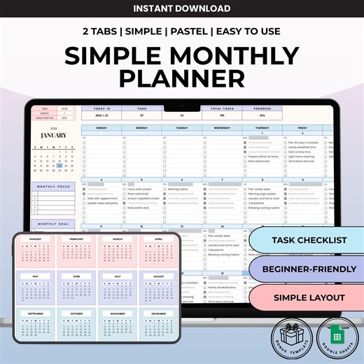 Monthly Task Planner Google Sheets | Simple Checklist, Task Tracker | Beginner-friendly - Etsy Australia