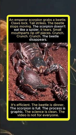 Emperor Scorpion Grabs Beetle, Tears It Apart — Crunch. Efficient. Not for Everyone.