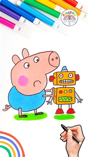 Draw Baby George Pig | How to Draw Sad George Pig with Robot 🌈🐽 #peppapig #shorts #sad