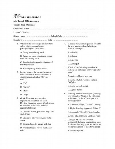 Grade 5 Creative Arts Mid Term 2 2026 Exam