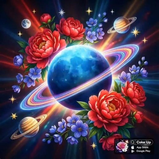 Color Up By Number - Fantasy Planets Saturn And Flowers (Mystery Pics)