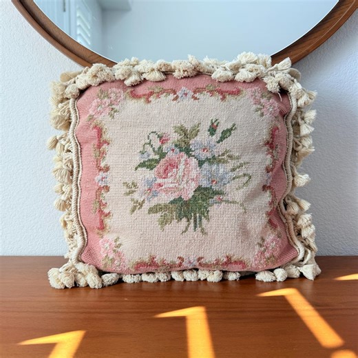 Vintage Needlepoint Pillow Set | French Cottage Rose Tapestry Cushions - Etsy