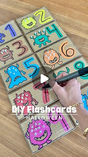 Stephanie & Katrina | Crafty Moms on Instagram: "DIY FLASH CARDS - ERASABLE 🔢 You asked for a Halloween version and we really hope you enjoy this new video! We painted and cut some Qtips as they were the monster’s eyes 👀 how real do they actually look!?? Kids will insert the amount of “eyes” matching the numbers on the flashcards, this will also strengthen those little hand muscles while kids try to insert the Qtips in the little holes. Great for number recognition and gor improving kids writi