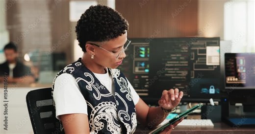 Tablet, research and businesswoman in office with coding for website development project. Digital technology, computer and female coder with programming for software update at startup tech agency.