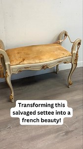 I transformed this curb-shopped settee bench into a French beauty using repurposed chair spindles and paint. #diy #homedecor #furnituredesign #furnituremakeover #furnitureflip | Salvaged Inspirations
