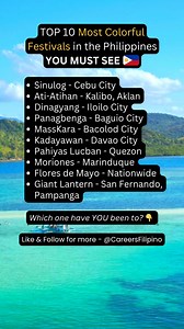 🎉 TOP 10 Most Colorful Festivals in the Philippines! From Cebu’s vibrant Sinulog to Pampanga’s dazzling Giant Lantern Festival, these celebrations bring out the best of Filipino culture, faith, and fun! 📍 Which festival have you been to? Which one is on your bucket list? 👇 Comment below and tag your festival buddies! Don’t forget to LIKE, SHARE & FOLLOW for more Philippine culture and travel content! #Philippines #PhilippineFestivals #pinoypride #sinulogfestival2025 #MasskaraFestival #Panagbe