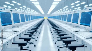 Computer servers arranged in a data center with multiple monitors and seating areas