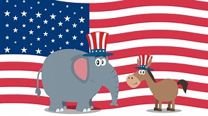 Download Political Elephant  And Donkey Democrat Over USA Flag. 4K Animation Video Motion Graphics Without Background for free