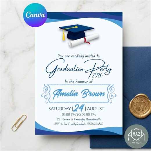 Blue Graduation Announcement Invitation | Class of 2026 Grad Party Invite | SVG | Editable Canva Template - Etsy