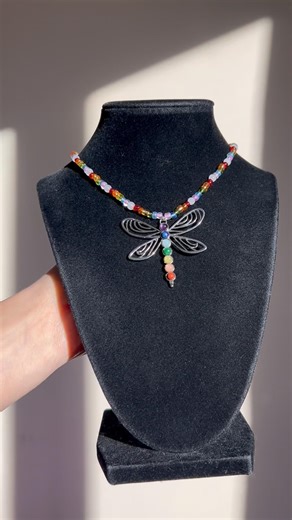 Rainbow Dragonfly Beaded Necklace. #handmade #jewelry #dragonfly #rainbow #crystals
