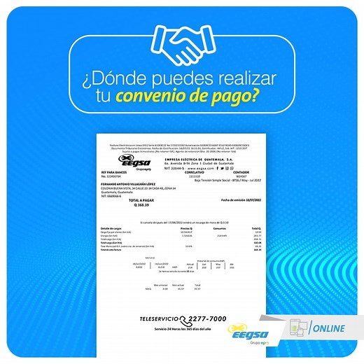 ¿Necesitas solicitar un convenio de pago? En EEGSA te damos la opción de dividir el saldo de tu factura en cuotas. Solicita tu convenio de pago en línea aquí: eegsa.com/conveniodepago/ #EEGSAOnline | EEGSA Guatemala