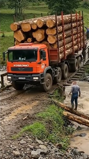 Massive Logging Truck Risks Everything Crossing a Fragile Bridge! #truck #offroad #shorts