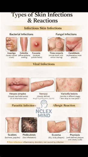 The NCLEX MIND | Types of Skin Infection & Reactions – Exam-Oriented Golden Points (NCLEX) 🔹 Bacterial infections • Impetigo → honey-colored crusts... | Instagram