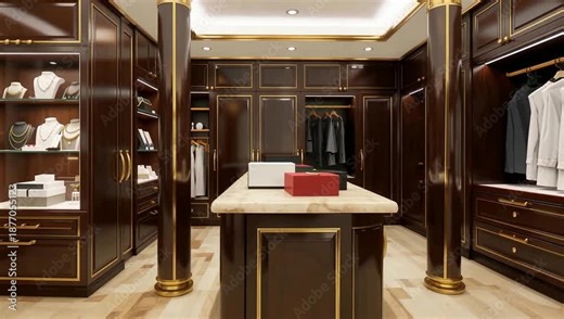 Luxurious Walk In Closet With Custom Shelving.