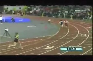 Girl takes a fall, but still wins the race.