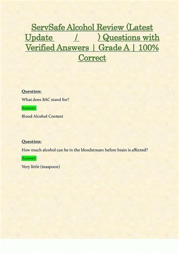ServSafe Alcohol Review Latest Update Questions with Verified Answers Grade A 100 Correct new video