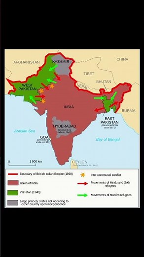1939 British Indian Empire map showing 1947 partition, refugee flows, and post‑independence 🇮🇳✨️