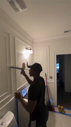 Let’s upgrade that trim package! 🔥 Bathroom makeover in progress! Crown molding ✅ Double picture
