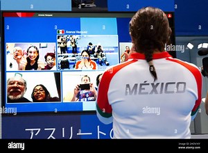July 31, 2021: Aranza Montano Vazquez of Mexico has an Athlete Moment video call with family and friends back home following the Women's 3m Springboard Semifinal at Tokyo Aquatics Centre in Tokyo, Japan. (Photo by Daniel Lea/CSM/Sipa USA Stock Photo - Alamy