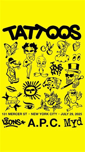 A.P.C. — Atelier de Production et de Création on Instagram: "Free tats by @lionsnyc from 4PM–7PM for A.P.C. x @mydsound tonight. Guaranteed spots for the first 3 comments. The rest will be first come, first served — arms and legs only and just black. Preset sizes. See you there! 4 – 7 PM: Free tattoos by @lions_nyc 6 – 10:30 PM: Live DJ sets by @guillaumeberg, @mydsound, and @stretcharmstrong A.P.C. MERCER 131 Mercer St. New York, NY #APCParis"