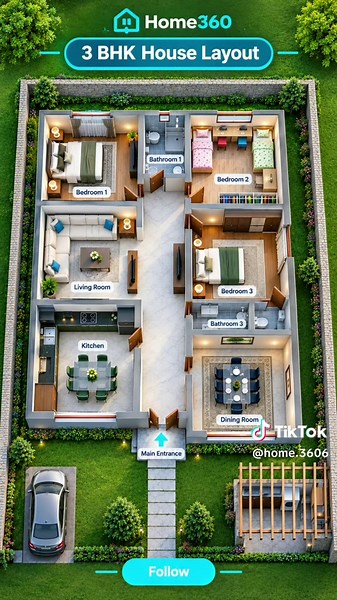 Explore this beautiful 3 BHK house layout featuring 3 bedrooms, 3 bathrooms, 1 living room, 1 kitchen, 1 dining room, 1 main entrance, a front pathway, landscaped garden space, and a dedicated outdoor parking area. #3BHK #3BHKHouse #HouseLayout #HousePlan #FloorPlan
