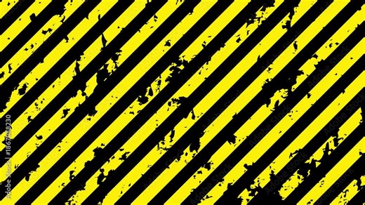 擦れてレトロな雰囲気の黄色と黒の警告色の斜めなストライプ背景。危険やエラーを警告するビンテージな縞模様のループするアニメーション素材