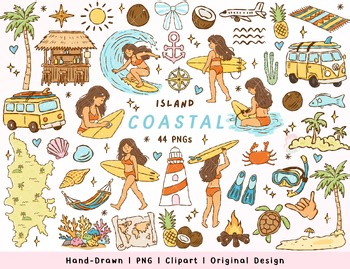 Summer Beach Clipart - Ocean Animals & Surfer Girl Moveable Images for Resources