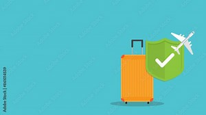 Traveling luggage suitcase and airplane trip protect by green shield. Travel insurance. Plane flight safety symbol. Aircraft journey risk protection.