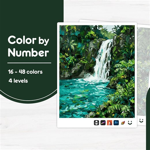 Waterfall in Jungle - Color by Number - Digital & Printable - 4 Levels - Etsy