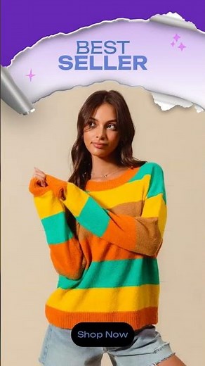 Multi-Color Stripe Ribbed Sweater Slightly Stretchy Basic Style Long Sleeve Women's