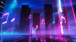 Neon music notes in a futuristic cityscape with glowing lights and skyscrapers, creating a vibrant and dynamic urban scene filled with energy
