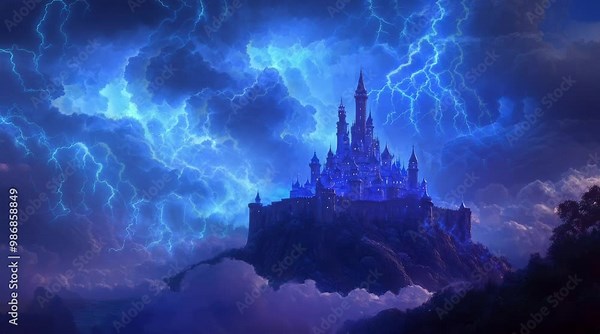 landscape of a magnificent castle built on a hill with a background of clouds and lightning. Virtual 4K video animation background with looping time lapse with very smooth graphics.