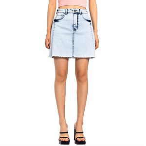 [Hot Item] Designer White Bleached Wash Color Blocked Raw Hem Jean Mini Skirt