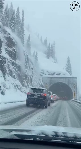 Dashcam captures snow chunk crashing onto roadway near tunnel entrance Innsbruck, Austria — Dashcam footage recorded on a mountain roadway outside Innsbruck shows vehicles approaching a tunnel entrance when a large chunk of snow suddenly breaks free from a cliff above and crashes onto the pavement. The video begins with cars traveling cautiously along the snow-lined alpine route. As drivers near the tunnel opening, a rumbling sound echoes from the rocky slope overhead. Within seconds, a sizable 