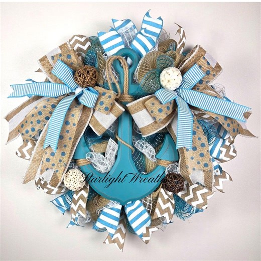 Anchor Mesh Wreath for Your Front Door, Nautical Decor With Twig Balls and Seashells - Etsy