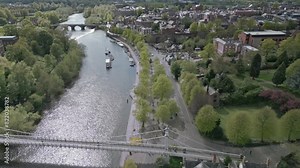 Aerial view of River Dee between the bridges at the Groves City of Chester, Cheshire, England